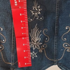 Long length scalloped edge jean skirt.